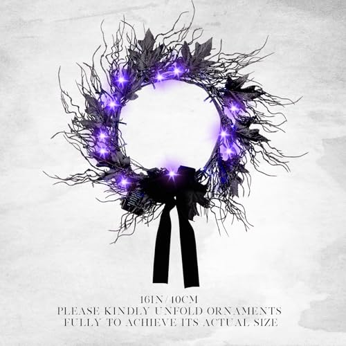 Black 16-Inch LED Halloween Wreath with Battery Timer - Spooky Decor