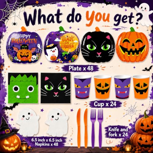 Halloween Paper Plates and Napkins Set - Disposable Party Tableware for 24 Guests