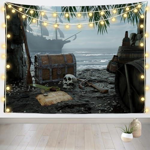 Pirate Ship Tapestry Wall Hanging for Nautical Decor 92x70 Inches - Caribbean Treasure Island Scene - Kids Bedroom & Home Decor - Variation T1-A16619