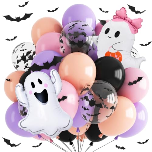 Pink and Purple Halloween Balloons Set - Ghost, Bat & Latex Decorations, 32 Pieces