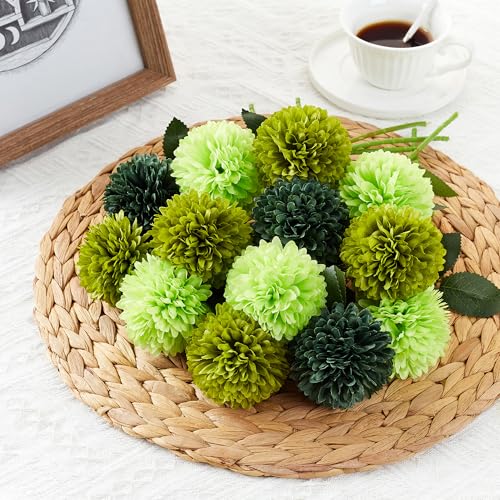 Artificial Chrysanthemum Flowers - Green 12 Pieces, Realistic Silk Blooms for Decor