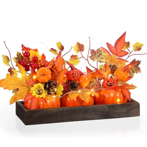Pumpkin Thanksgiving Centerpiece with Wooden Tray & LED Light - Orange Fall Decor