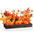 Pumpkin Thanksgiving Centerpiece with Wooden Tray & LED Light - Orange Fall Decor