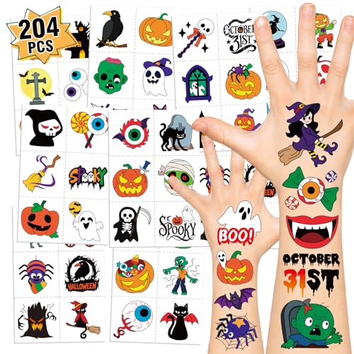 Kids Halloween Temporary Tattoos Set 204 Designs for Parties & Trick-or-Treating