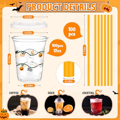 Halloween Plastic Cups with Straws and Lids - 50 Pack, 12oz, Orange, Classic Style
