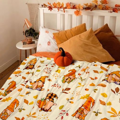 Autumn Fall Blanket Gnome Pumpkin Leaves Cream Cozy Throw 50x60in