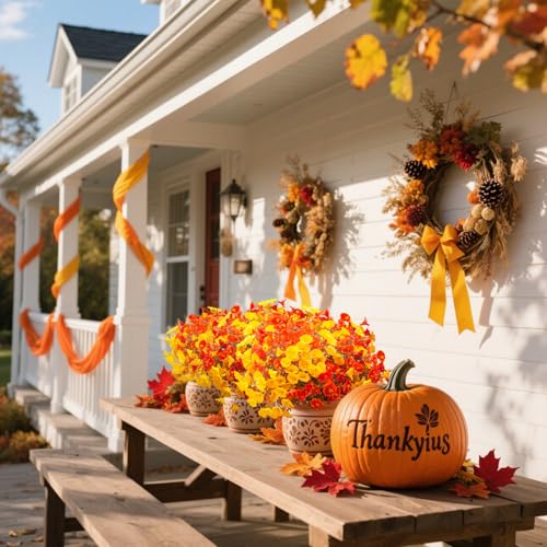 Artificial Fall Flowers Outdoor Decor - 12 Pcs Autumn Fake Plants with UV Resistance & Waterproofing - Fall Mix