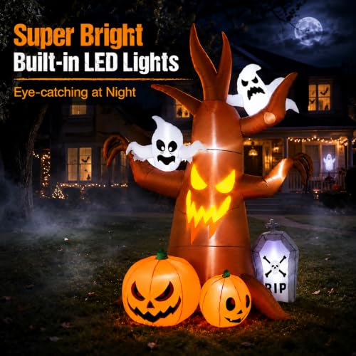 8ft Halloween Inflatable Ghost Tree Decoration with Pumpkins and Tombstone - Waterproof & LED Lighted Yard Decor