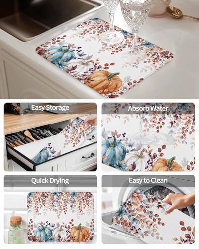 Fall Dish Drying Mat for Kitchen Counter with Pumpkin & Eucalyptus - 18x24 Inches, Absorbent & Non-Slip