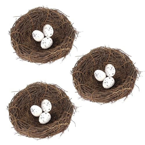 3pcs Faux Rattan Bird Nest Decor with Eggs - 4.7 Inch Spring & Holiday Centerpiece