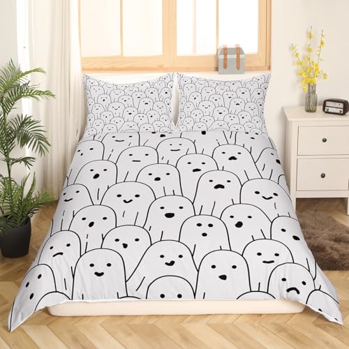 Ghost Bedding Set Full Size - Gray Ghost Comforter Cover with Pillowcases, Halloween Theme, Breathable Microfiber