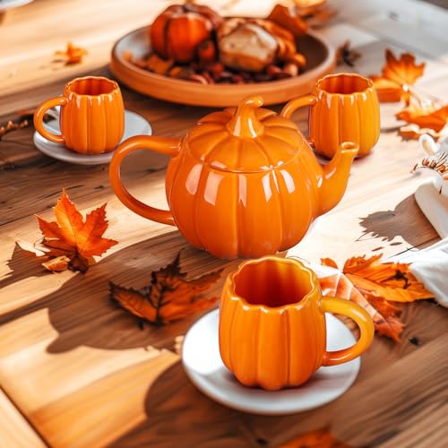 Pumpkin Ceramic Tea Set with Teapot and Mugs - Thanksgiving Halloween Gift