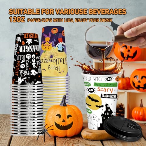 Halloween Disposable Coffee Cups 12oz with Lids - 48 Pack, 6 Designs - 12oz Halloween