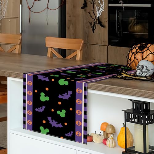 Halloween Bat Table Runner - Black Purple Skull Polka Dot 13x48 Inch - Seasonal Kitchen Decor