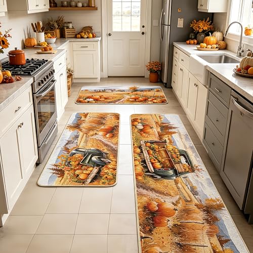 Fall Kitchen Rugs Set - Harvest Pumpkin Pickup Truck & Scarecrow Non Slip Burlap Mats - 3 Sizes