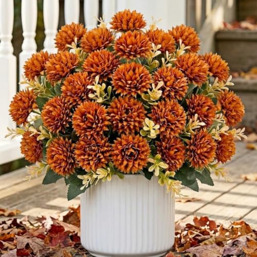 Artificial Fall Flowers - Burnt Orange Faux Mums for Outdoor Decor, 24 Heads