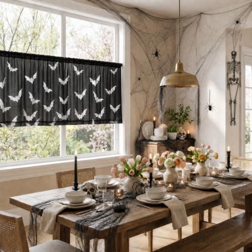 Black Sheer Window Valance 52x14 Inches Pack of 2 - Bats Halloween Decor