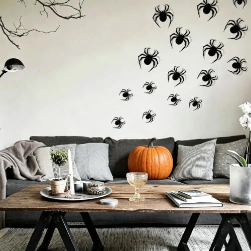 Halloween Spider Wall Stickers Set - 24pcs 3D Realistic Black Spiders with Foldable Legs - Waterproof Indoor Outdoor Decor - Adhesive Dot Included - Spd01
