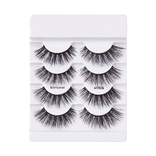 False Eyelashes 14mm 3D Volume Strip Lashes - Fluffy, Eye-Lifting Effect, 4 Pairs - Bombshell Variation