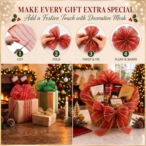 Christmas Mesh Ribbon Rolls - 8 Pack, 10 Inch x 30 Feet, Holiday Wreath Decoration - Variation: Christmas