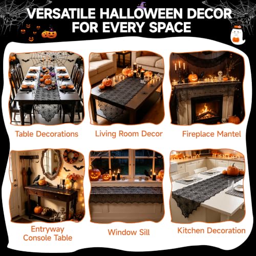 2pcs Halloween Lace Table Runner 18x72 Inches Black Spider Web Decor