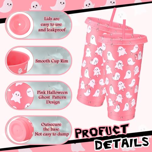 Pink Ghost Tumbler Set - 12 Reusable 24 Oz Halloween Cups with Straw & Lid