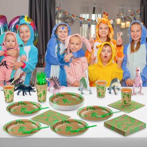 Green Foil Dinosaur Disposable Party Tableware Set for Kids Birthday, Serves 24