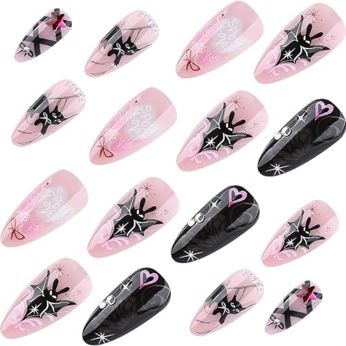 Halloween Fake Nails Set - Colorful Gothic Bat Graffiti Press On Nails, Medium Almond Shape, 24 Pieces with Glue & Tools