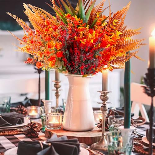 Artificial Fall Flowers Bundle - Autumn Orange & Red Decor for Indoor & Outdoor Seasonal Displays