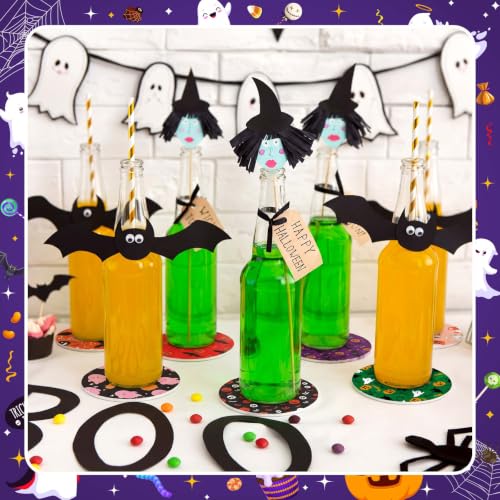 Halloween Coasters Set - 16 Spooky Ghost Pumpkin Bat Skull Drink Mats - Non-Slip 4 Inch Round PVC Party Supplies