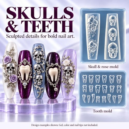 3D Halloween Nail Charms Mold Set - Teeth Skull Bones Chains Dragons