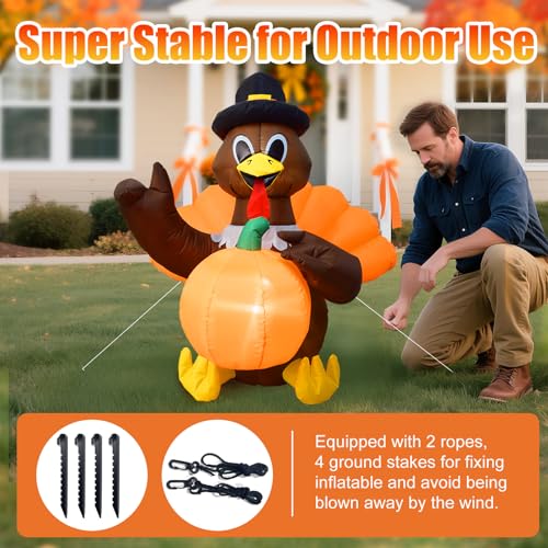 4FT Thanksgiving Turkey Inflatable - Outdoor Yard Holiday Decoration with LED Lights
