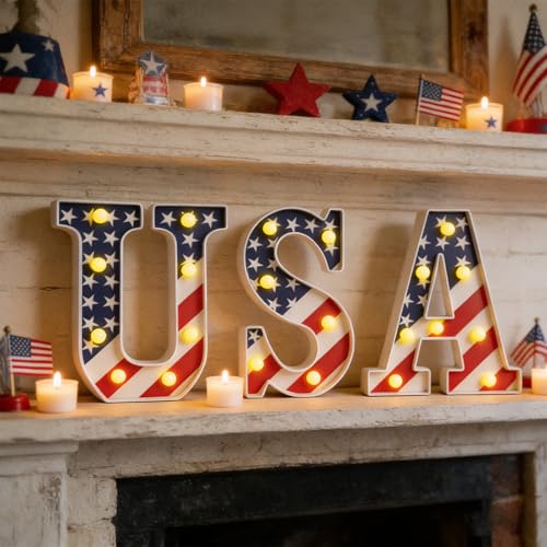 Patriotic USA Marquee Light Letters for 4th of July Decorations - Indoor Outdoor LED Sign
