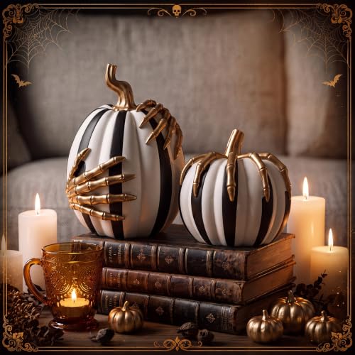 Halloween Black and White Pumpkin Decor Set with Skeleton Hands - Indoor Outdoor Resin Decorations