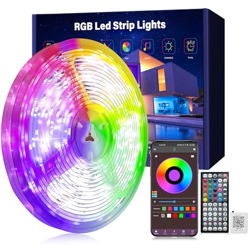 50ft RGB LED Light Strips for Bedroom Music Sync - Easy Install, App & IR Remote