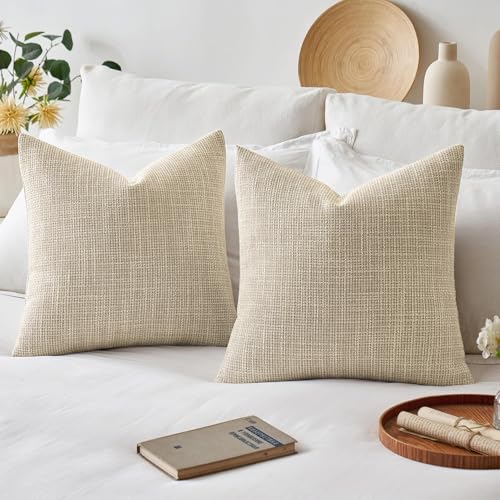 20x20 Inch Linen Throw Pillow Covers Set of 2 - Beige, Farmhouse & Modern Decor