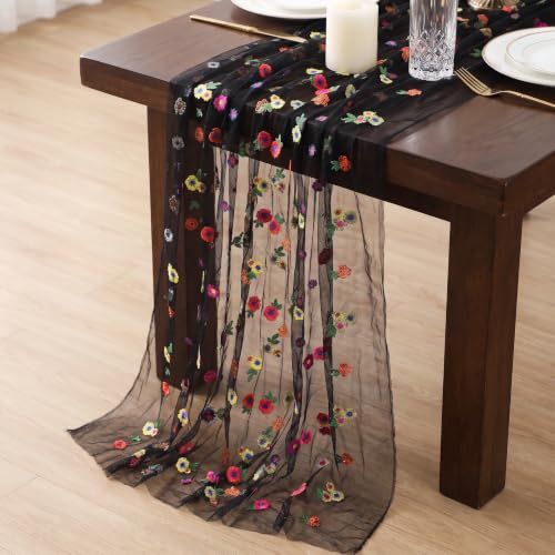 Black Embroidered Floral Daisy Tulle Table Runner 10FT 3 Pack - Halloween Decor