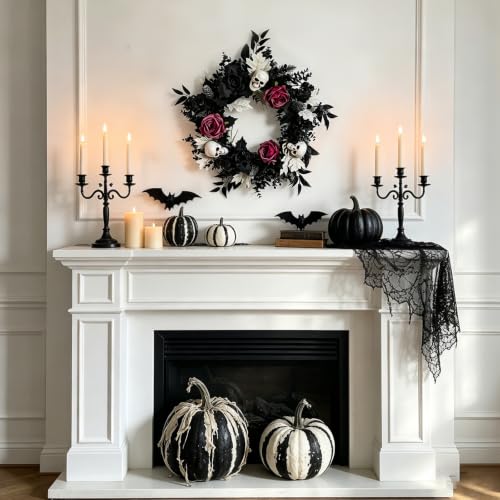 Halloween Skull Wreath for Front Door - Gothic Black & Burgundy Decor Variation: Black