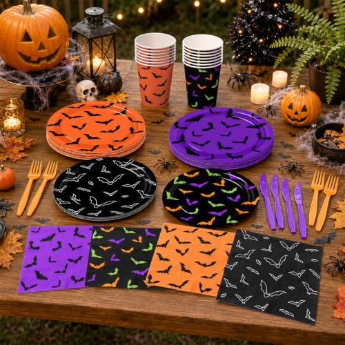 Halloween Bat Tableware Set 144 pcs Disposable Plates Cups Napkins Forks
