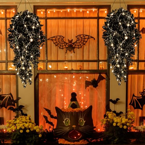 Artificial Black Hanging Flowers with Lights - Halloween Gothic Decor, 2 Pack - Variation: Black Rose