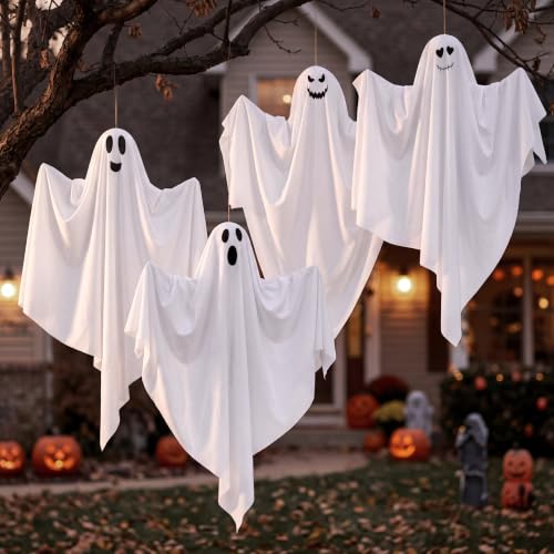 Halloween Flying Ghost Decorations Set - 4 Cute Hanging Ghosts for Yard & Party