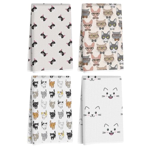 Jztco 4 Pcs Cute Cat Kitchen Towels - Multi 1418 Cat Gift Decorative Dish Towels