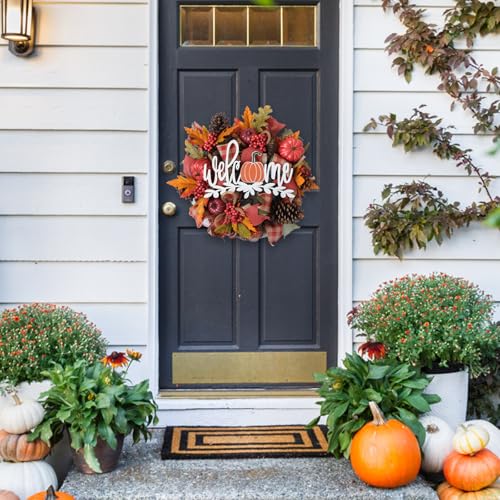 Fall Artificial Maple Leaf Mesh Wreath with Pumpkin and Welcome Sign - Front Door Decor