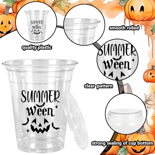 Summerween Disposable Plastic Cups Set with Lids & Straws - Black Pumpkin 12oz, 50 Pack