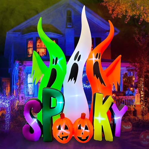 8FT Halloween Inflatable Ghosts with Spooky Pumpkin Yard Decor, Built-in LED Lights