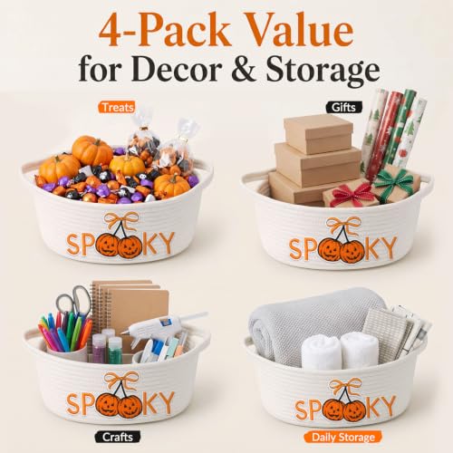 Halloween Spooky Cotton Rope Basket Set with Handles - Pumpkin Patch Design - 4 Pack, Kids Trick-or-Treat Storage