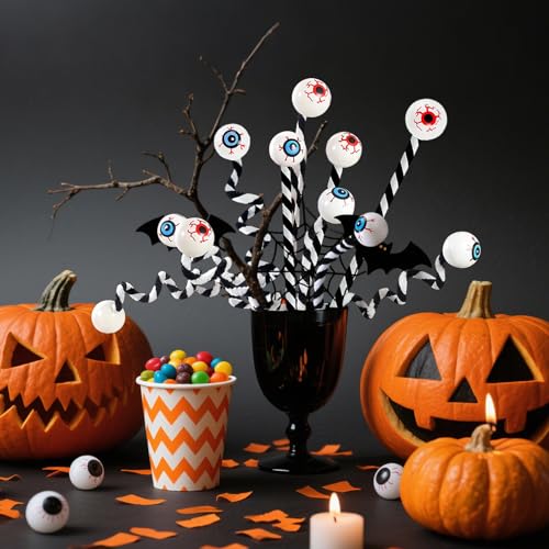 Halloween Eyeball Picks Black & White, Bendable Wool Floral Picks for Party Decor