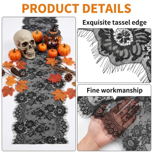 8pcs Halloween Black Lace Table Runners - Elegant Gothic Table Decor 14x120 Inch