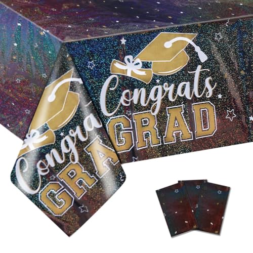 Black Graduation Tablecloth - 9ft Shimmering Laser Holographic Cover, 3 Pack