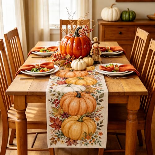 Fall Pumpkin Table Runner - 13x72 Inches for Farmhouse Kitchen Decor - Variation of Fall Big Pumpkin